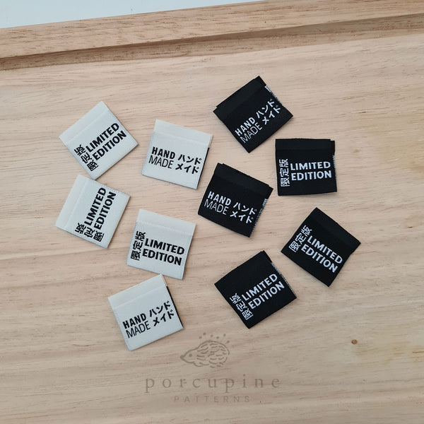 Sewing Labels - Hand Made/Limited Edition Centrefold Black and Off-white 10pcs